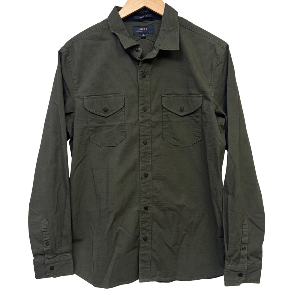 Roark Revival Shirt Mens Small Olive Green Classic Fit Stretch Ripstop Gorpcore